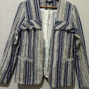Anthropologie Henri DREW Tweed Blazer Fringes Blue White Silver Medium NWTS